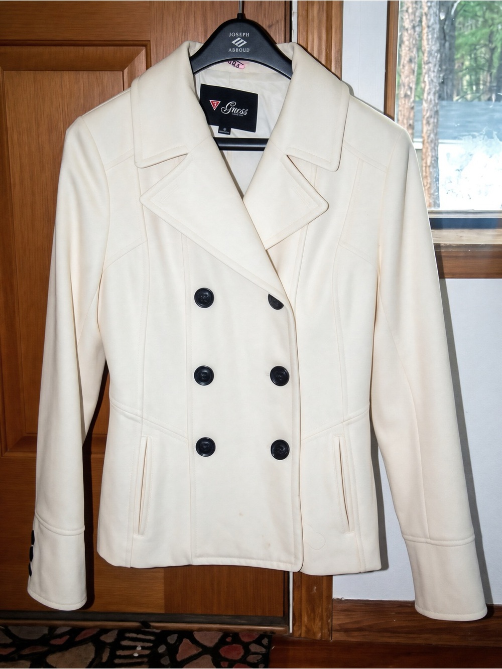 Guess Cream Double-Breasted Peacoat with Black Buttons